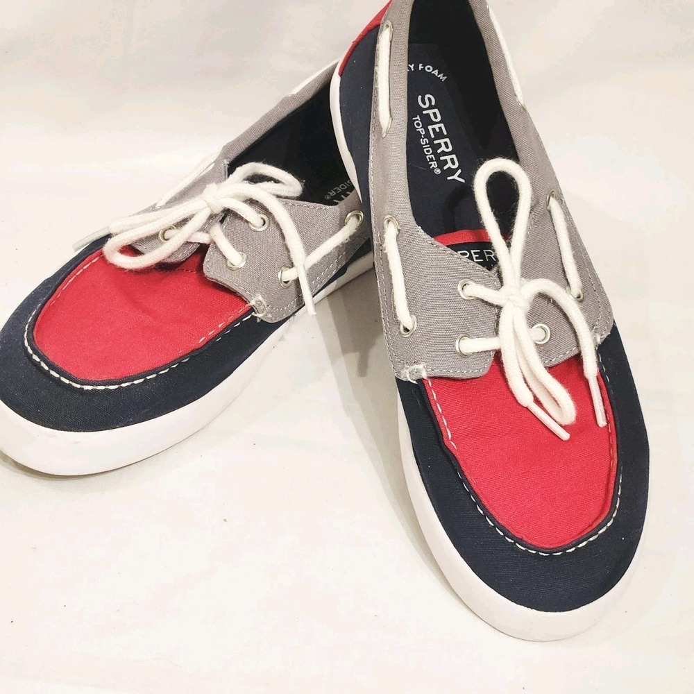 BOYS 6M Big Kids Sperry "TUCK" Red Blue & Gray Boat Shoes M LN